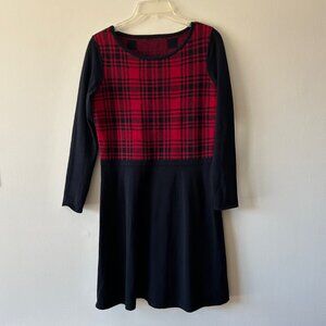 Chaps Long Sleeve Red and Black Plaid Knee Length Sweater Dress